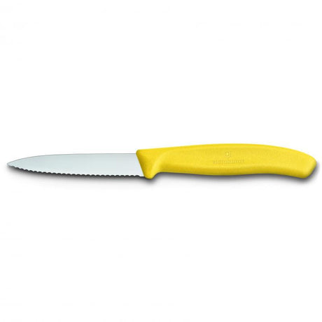 Victorinox 8 cm paring knife with pointed tip and wavy edge, featuring a cheerful yellow handle for precision kitchen tasks.