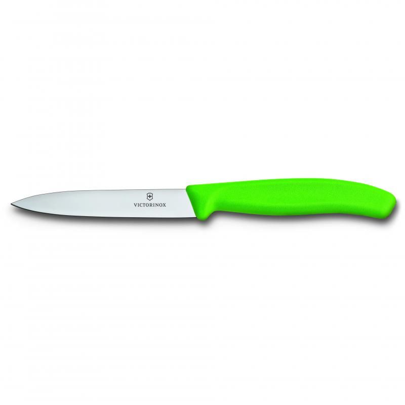 Victorinox green paring knife with 10 cm pointed stainless steel blade and ergonomic handle for precision cutting tasks.