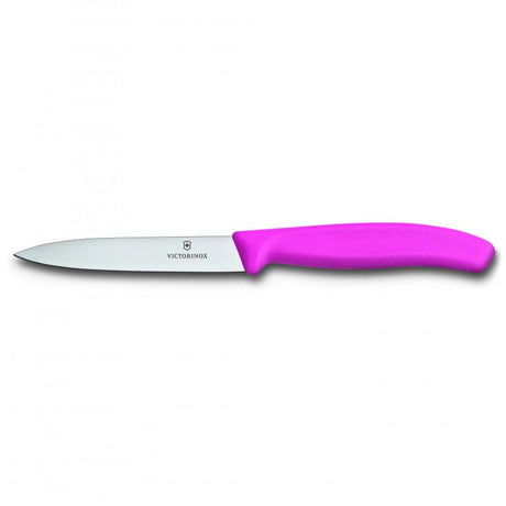 Vibrant pink Victorinox paring knife with a 10 cm stainless steel blade, perfect for precise culinary tasks and easy storage.