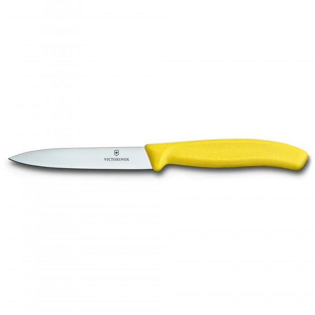 Victorinox yellow paring knife with a 10 cm stainless steel blade, ergonomic handle for precise cutting and easy cleaning.