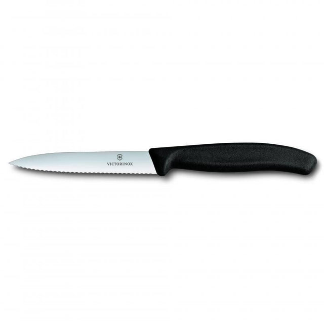 Victorinox 10 cm paring knife with pointed tip and wavy edge, ideal for precise cutting of fruits and vegetables.