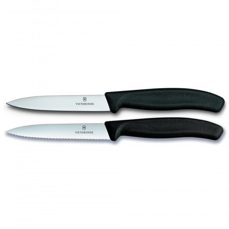 Victorinox 2 Piece Paring Knife Set featuring a straight and wavy edge, ergonomic handles, and sleek black design.