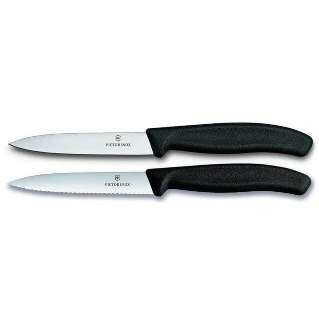 Victorinox 2 Piece Paring Knife Set featuring a straight and wavy edge, ergonomic handles, and sleek black design.