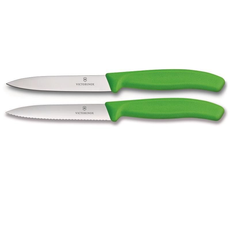 Victorinox 2 Piece Swiss Classic Paring Knife Set in vibrant green, featuring straight and wavy edge blades for versatile kitchen tasks.