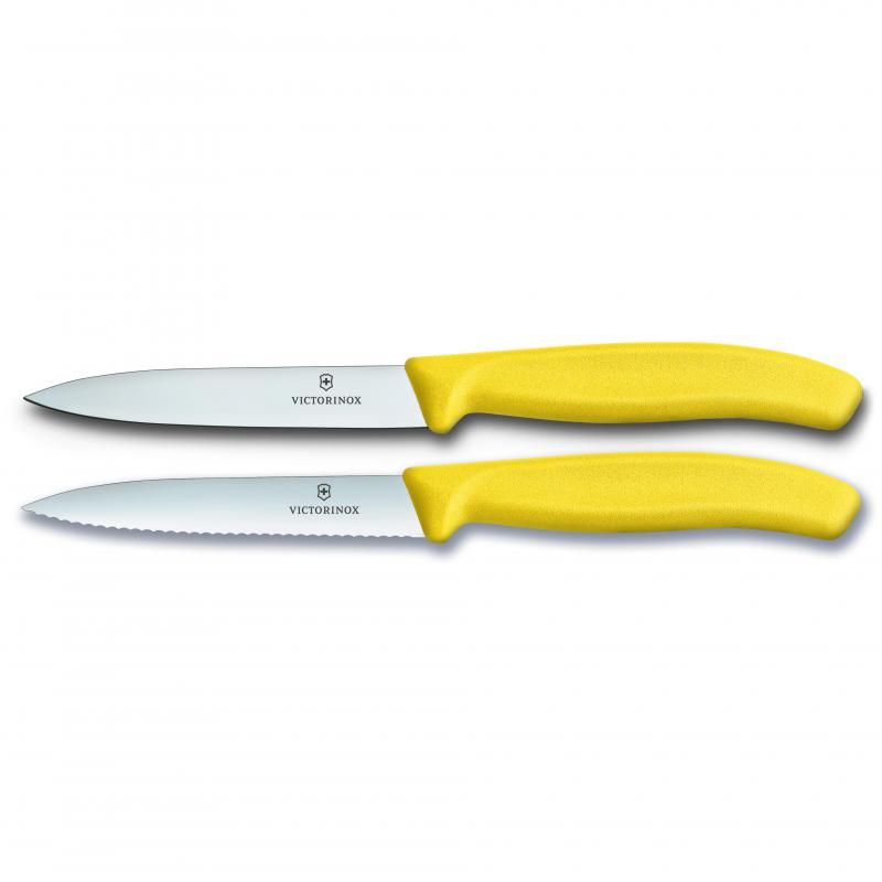 Victorinox 2 Piece Swiss Classic Paring Knife Set in yellow, featuring a straight and wavy edge knife for versatile food prep.