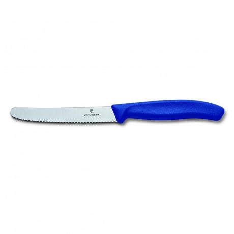 Victorinox Swiss Classic Tomato and Steak Knife 11cm in blue with wavy edge, ideal for slicing fruits and vegetables easily.