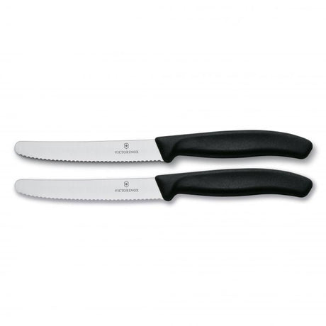 Victorinox steak and tomato knife set featuring stainless steel blades, wavy edges, round tips, and ergonomic handles.