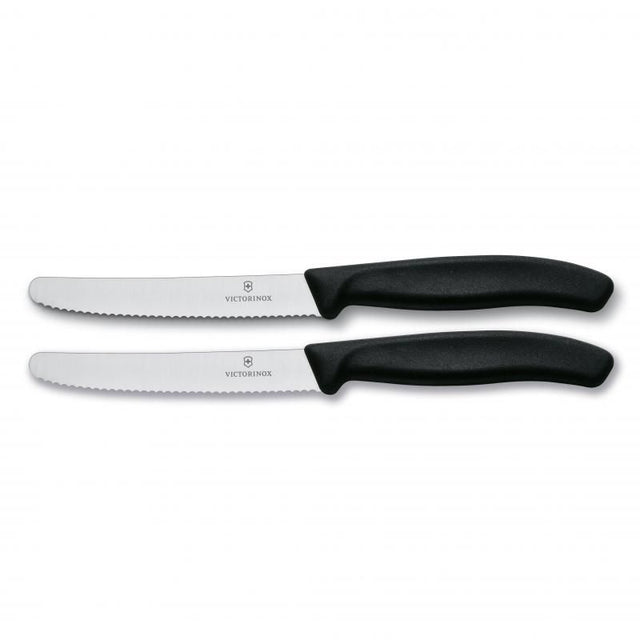 Victorinox steak and tomato knife set featuring stainless steel blades, wavy edges, round tips, and ergonomic handles.