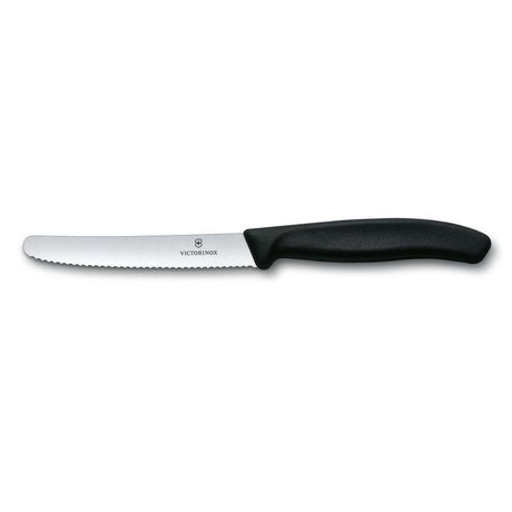 Victorinox Swiss Classic 11cm Tomato and Steak Knife with wavy edge, ergonomic handle, perfect for soft fruits and meats.