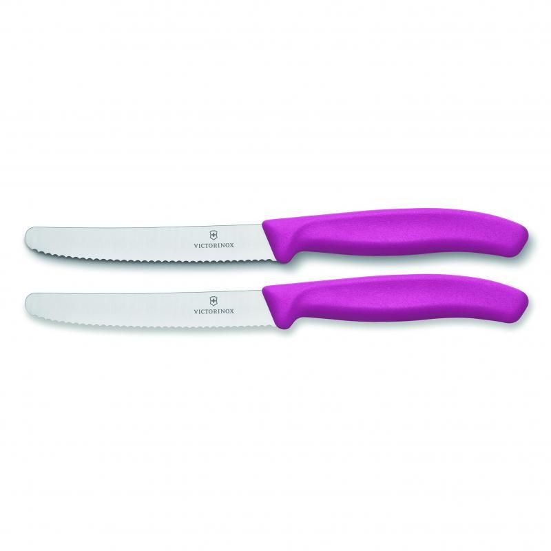 Victorinox pink steak and tomato knife set, 11cm wavy edge, ergonomic handles for comfort, perfect for precise cuts.