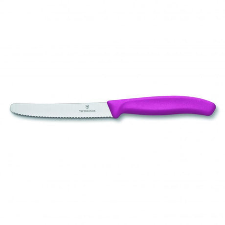 Victorinox 11cm steak and tomato knife with round tip, wavy edge, ergonomic handle, crafted for precision and comfort.