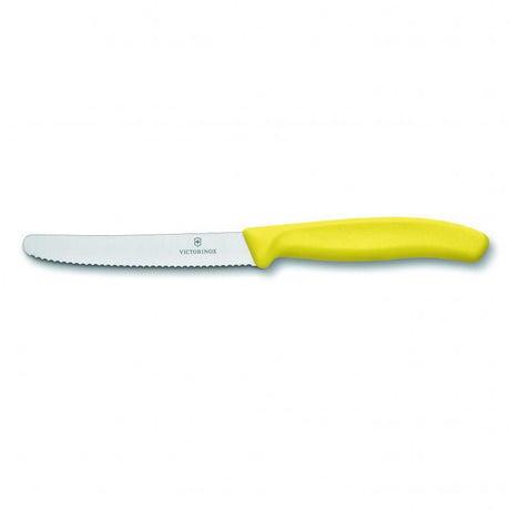 Vibrant yellow Victorinox Tomato and Steak Knife with 11cm wavy edge and ergonomic handle, ideal for soft fruits and meats.