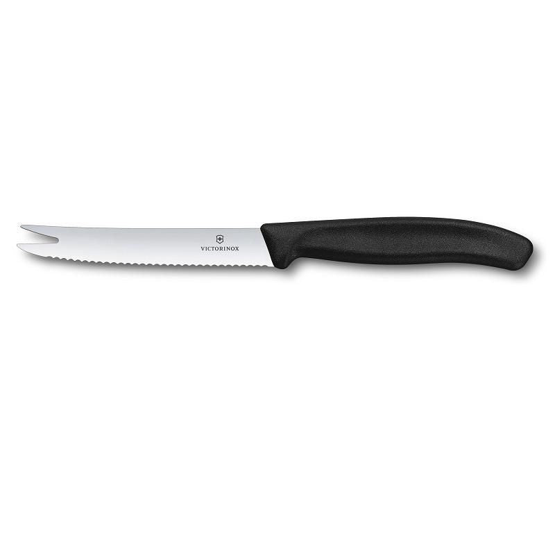 Victorinox Cheese and Sausage Knife in black with wavy edge, ergonomic handle, and perforated blade for effortless slicing.