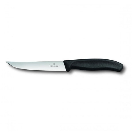 Black Victorinox steak knife set with 12cm straight edge blades, ergonomic handles for comfort, ideal for effortless meat slicing.