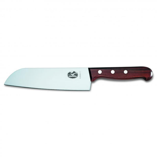 Victorinox Santoku knife with 17cm stainless steel blade and a hand-polished rosewood handle for precision cutting and elegance.