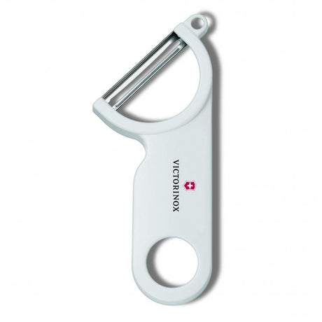 Victorinox Swiss Peeler with stainless steel blade in white, featuring ergonomic design, blemish remover, and pivoting blade.