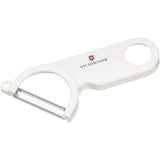 Victorinox Swiss Peeler with stainless steel blade in white, featuring ergonomic design and blemish remover for effortless peeling.