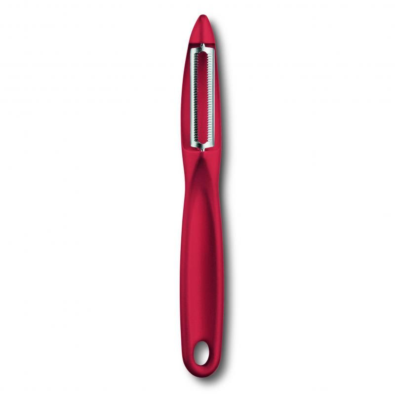 Red Victorinox Universal Peeler features a serrated double edge for effortless peeling of fruits and vegetables with comfort.