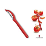 Victorinox Universal Peeler in red, featuring a serrated double edge for easy peeling of fruits and vegetables.