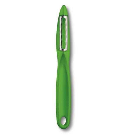 Vibrant green Victorinox Universal Peeler with serrated double edge, designed for easy peeling of fruits and vegetables.