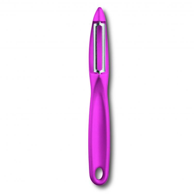 Pink Victorinox Universal Peeler featuring an ultra-sharp serrated blade and ergonomic handle for effortless peeling.