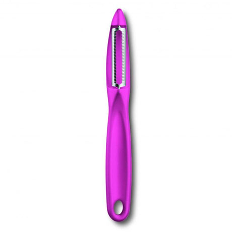 Pink Victorinox Universal Peeler featuring an ultra-sharp serrated blade and ergonomic handle for effortless peeling.