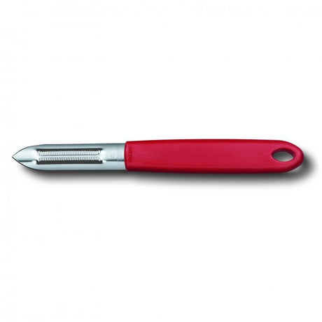 Red Victorinox potato peeler with serrated double edge and ergonomic handle, perfect for easy peeling and sprout removal.