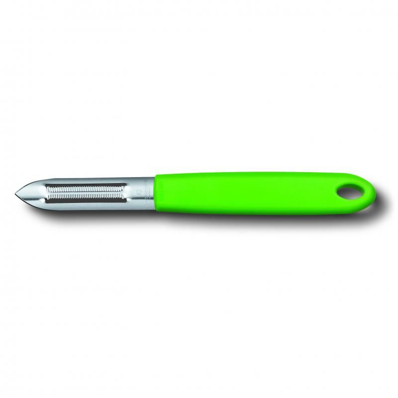 Serrated green potato peeler with double-edge blade, perfect for left and right-handed use, and dishwasher safe for easy cleanup.