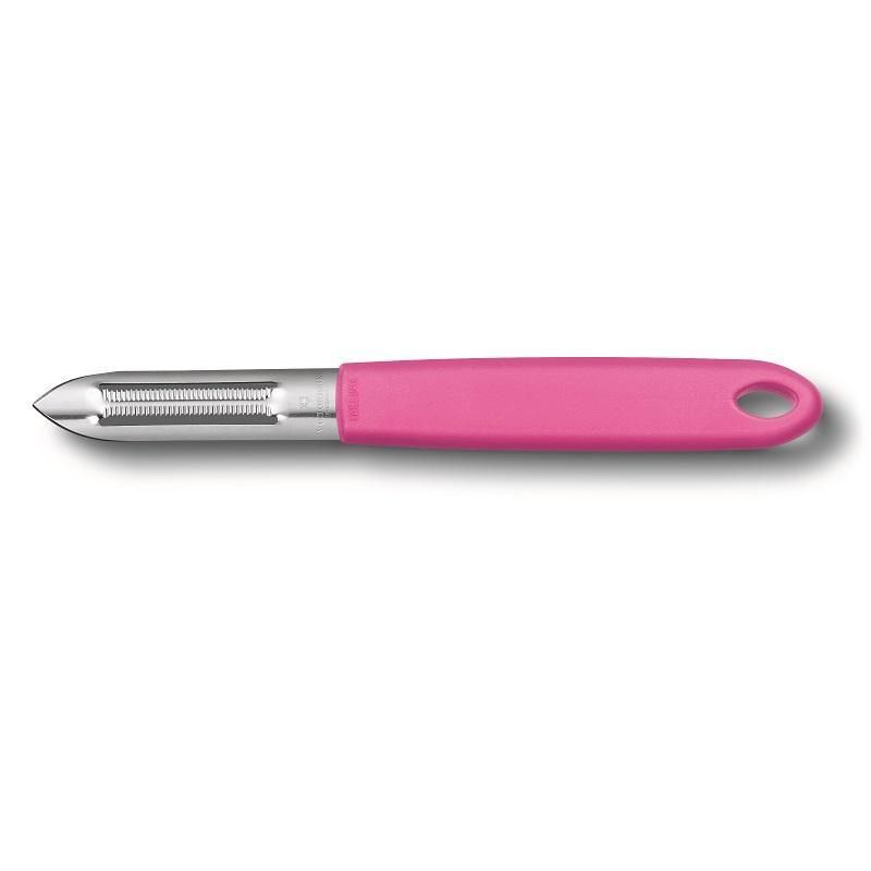 Victorinox pink potato peeler with serrated double edge, ideal for fast and efficient peeling of fruits and vegetables.