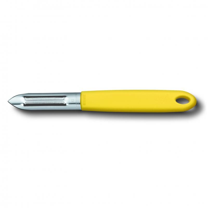 Victorinox serrated potato peeler with yellow handle, high carbon stainless steel blade, perfect for quick vegetable preparation.