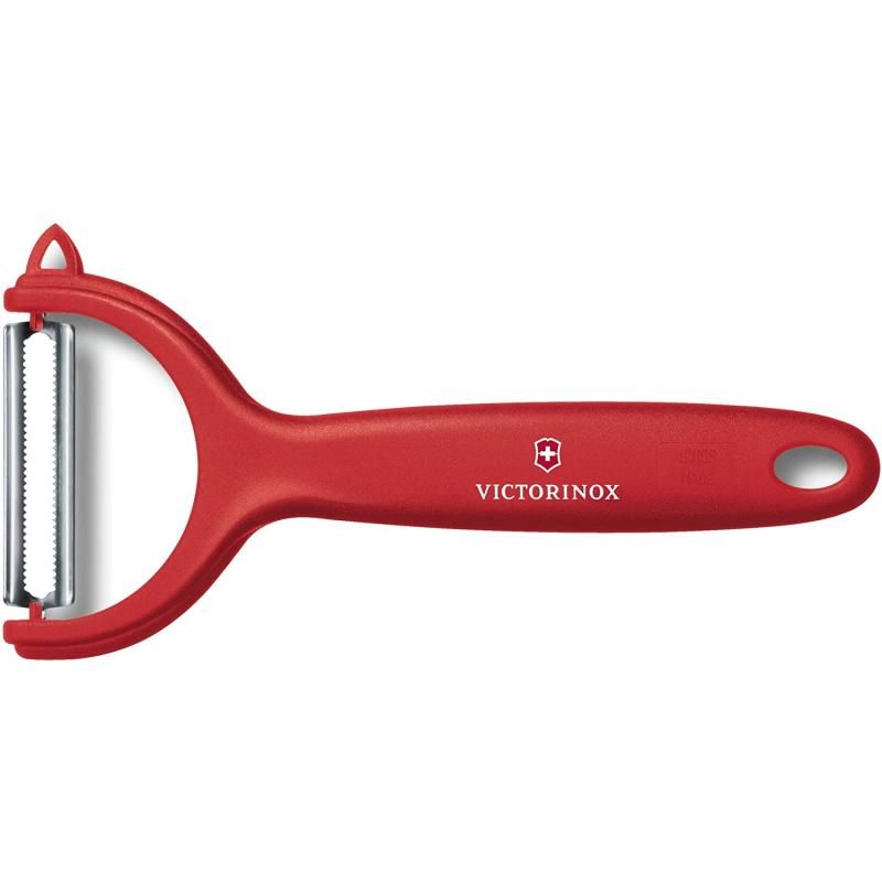 Micro-serrated red peeler designed for tomatoes and kiwis, featuring an ergonomic handle for easy, precise peeling.