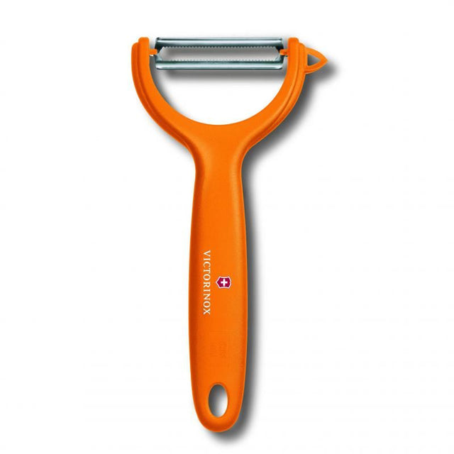 Orange Victorinox Tomato & Kiwi Peeler with micro-serrated edges for easy skin removal and an ergonomic handle for comfort.