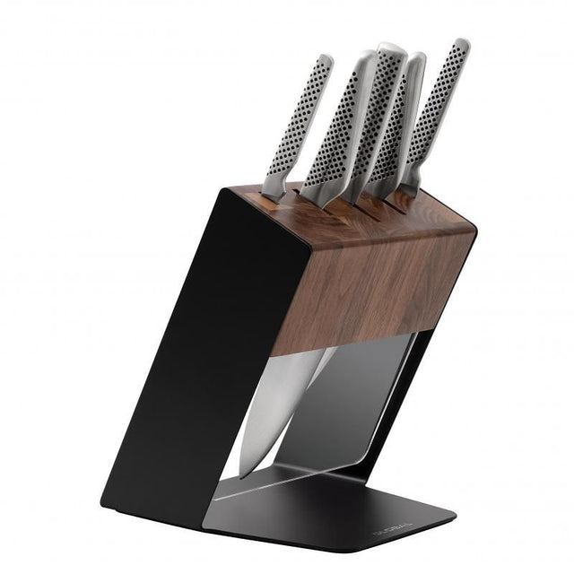 Global Katana 6 Piece Knife Block Set with stainless steel knives and stylish bamboo block for precision cutting and storage.