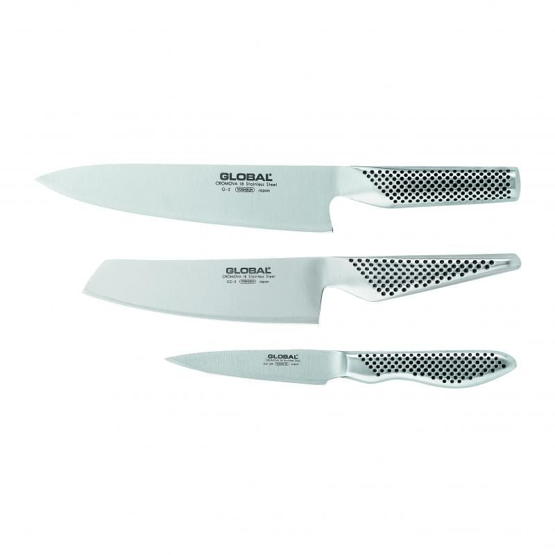 Global 3 Pieces Cook Knife Set in Japan, featuring ultra-thin blades for precision cutting and comfortable non-slip handles.