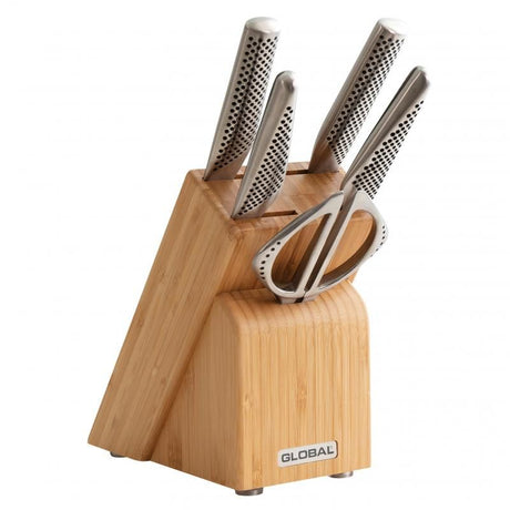 Global Takashi Knife Block Set featuring 6 premium stainless steel knives with ergonomic handles for precision and balance.