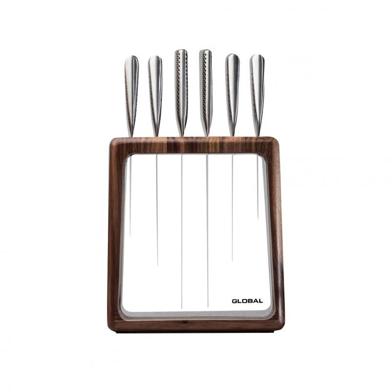 Global Hashira 7 Piece Knife Block Set in walnut, featuring precision stainless steel knives for slicing, dicing, and chopping.