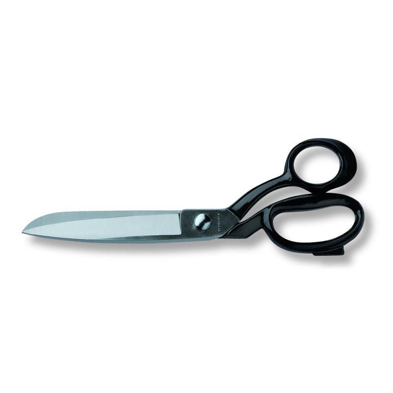 Polished black-handled 26cm Victorinox Tailors Shears with sharp stainless steel blades for precise cutting of various materials.