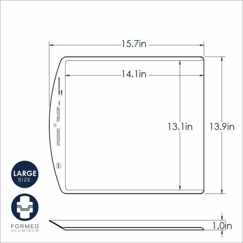 Aluminum baking sheet measuring 14x13 inches with raised edges for easy handling, perfect for cookies and sheet cakes.