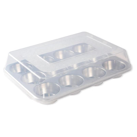 Nordic Ware Naturals 12-cup muffin pan with lid; sturdy aluminum construction, includes BPA-free cover for freshness.