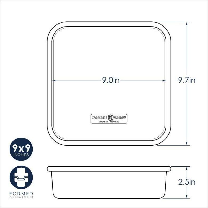 Nordic Ware 9" square cake pan made from durable aluminum, features encapsulated steel rim for even baking.