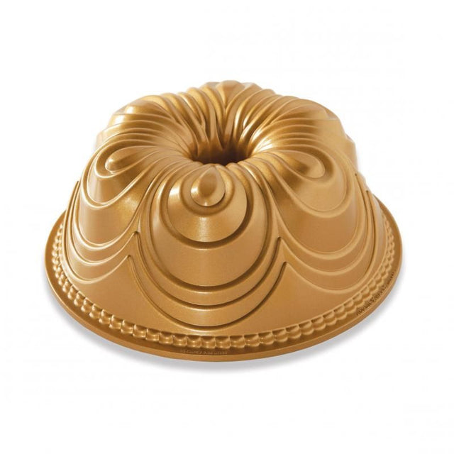 Nordic Ware Chiffon Bundt® Pan in gold, featuring a ruffled design for beautiful, nonstick cake baking. Perfect for any occasion.