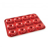 Nordic Ware Mini Donut Pan in vibrant red, bakes 12 mini donuts, ideal for homemade treats and celebrations.