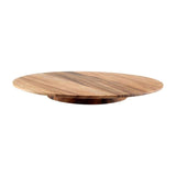 Large Baroque-style revolving platter in rustic acacia wood, perfect for serving appetizers and condiments at gatherings.