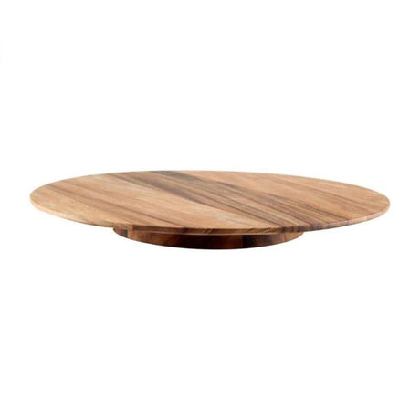 Large Baroque-style revolving platter in rustic acacia wood, perfect for serving appetizers and condiments at gatherings.