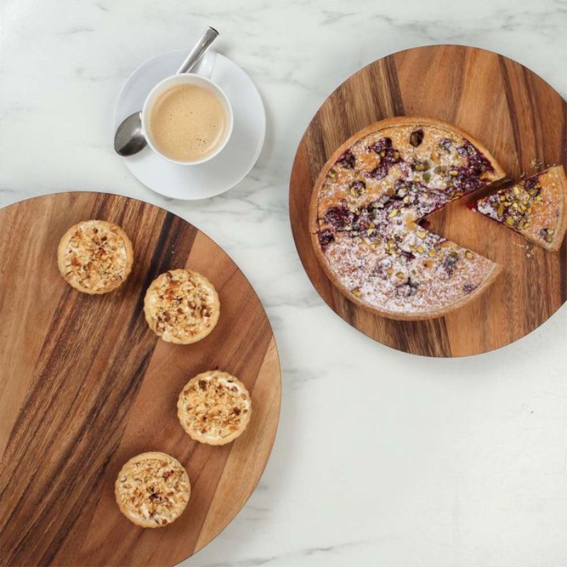 Elegant 36.5cm acacia wood revolving platter, perfect for serving appetizers and condiments with effortless spinning.