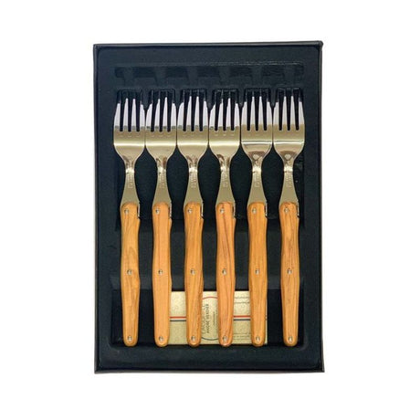 Set of 6 elegant Verdier olive wood forks with stainless steel blades, perfect for any dining occasion, packaged in a gift tray.