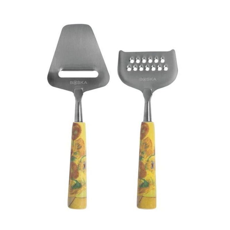 Mini cheese set featuring Van Gogh's 'Sunflowers', with ceramic handles and stainless steel blades for cheese lovers and art enthusiasts.