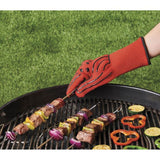 Heat-resistant BBQ gloves with silicone grip, protecting up to 500°F, ideal for grilling and cooking safely.