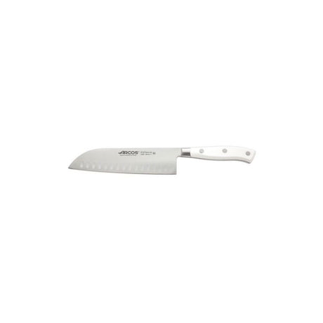 SANTOKU KNIFE - ARCOS RIVERA BLANC (18CM) with a sharp broad blade and hollow edge for effortless slicing of meat, fish, and vegetables.