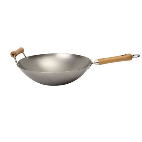 14-inch carbon steel wok with flat bottom, perfect for stir-frying and deep-frying meals for 4-6 people.